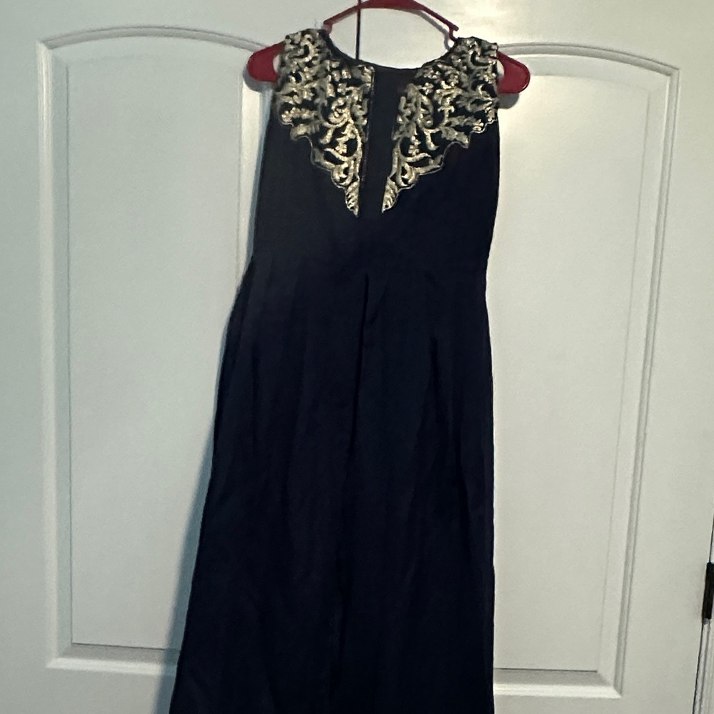 Elegant Navy Blue Dress with Gold Embroidery